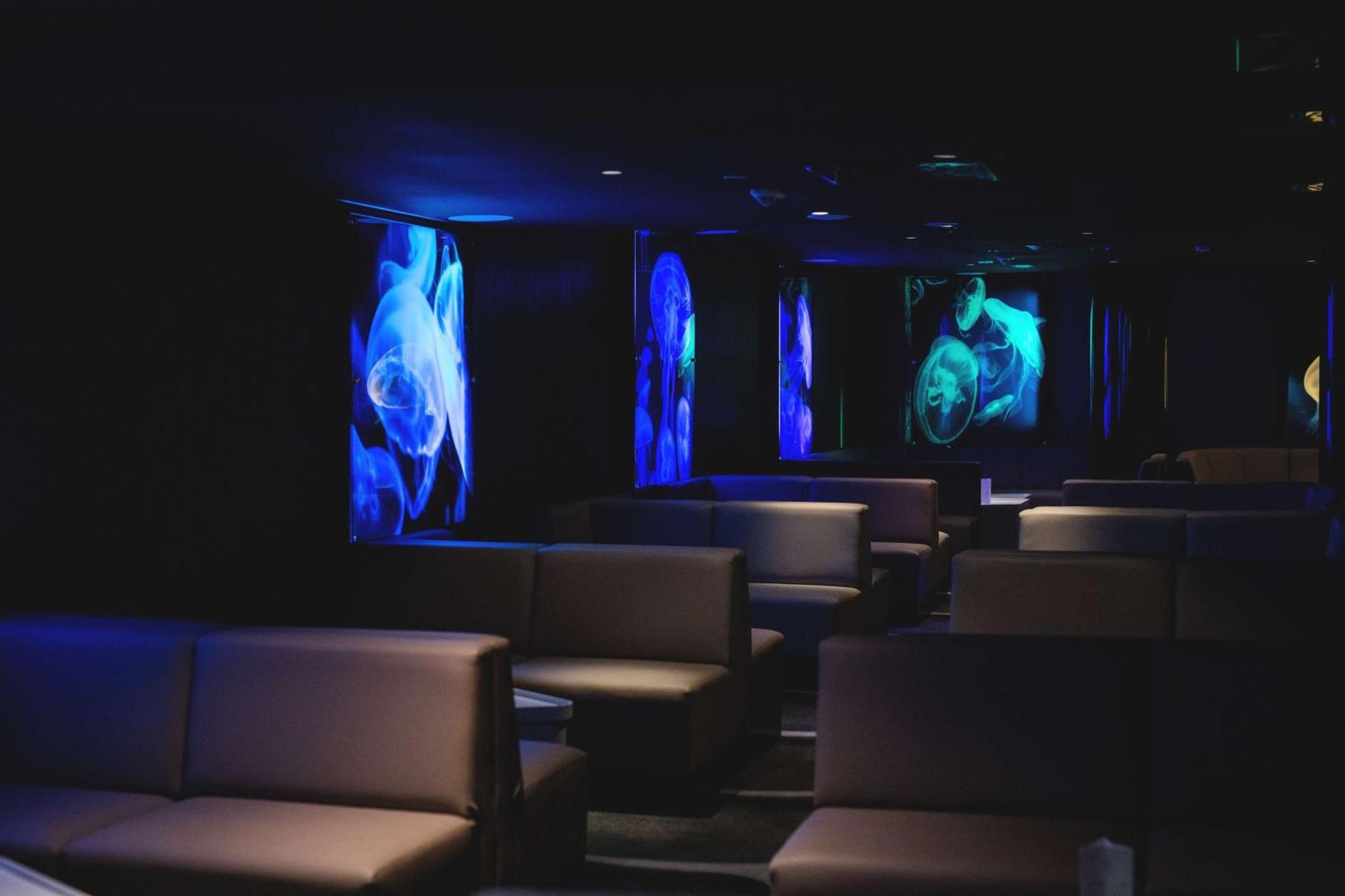 Radisson Blu Resort Świnoujście Exterior foto The photo shows a dimly lit interior space, likely a lounge or a seating area. The walls are adorned with glowing blue and turquoise images, possibly of jellyfish or abstract aquatic forms, creating an ambient atmosphere. There are several upholstere